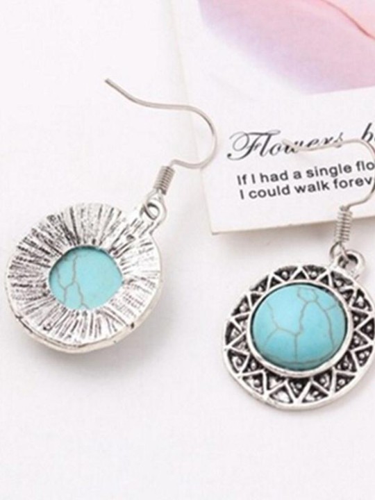 Rond Vintage Motif brincos Boucles D&#39;oreilles En Argent Tibétain Turquoise Bijoux Fins Et De Mode Cadeau Pour Les Femmes