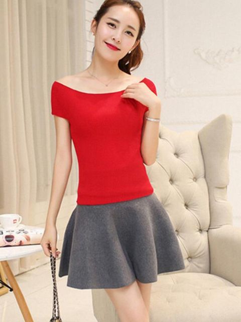 Outono Mulheres Moda Malha Boat Neck Tops de Manga Curta Camisolas Cardigan Fino Camisa Ocasional Camisola