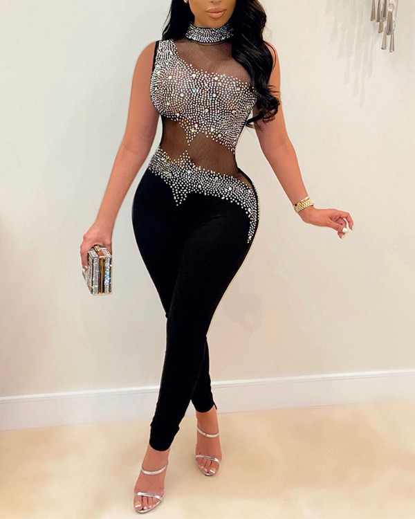 Leah Sexy Contour Ruched Crystal Mesh Jumpsuit