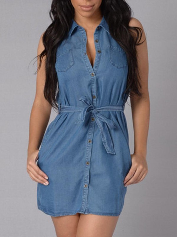 Mode Elegant blå denimklänning Hög midja Ärmlös V-ringning Front knapp upp Klänning Hög midja klänning Casual klänning