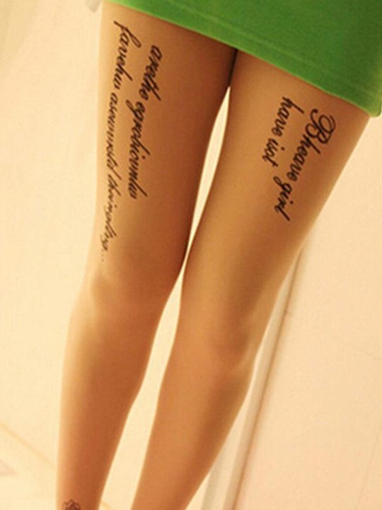 Sexy Slim Fashion Statement Letters Pattern Fake  Tattoo Flocking Velvet Stockings Pantyhose