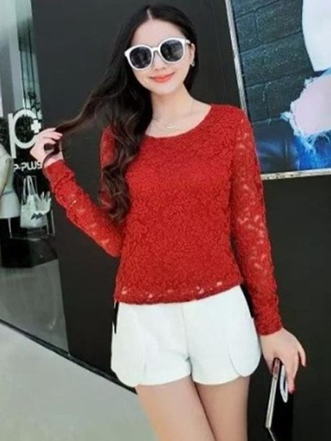 Uusi pitsipaita pyöreä kaulus kukkapainatus Naiset Sifonki pusero pitkähihainen ontto pusero