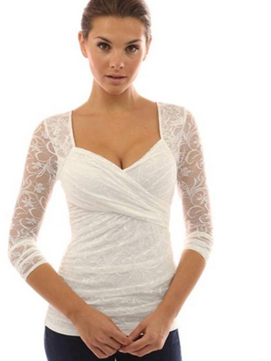 T-shirt décontracté à manches longues en dentelle à manches longues pour femmes de la mode d&#39;automne