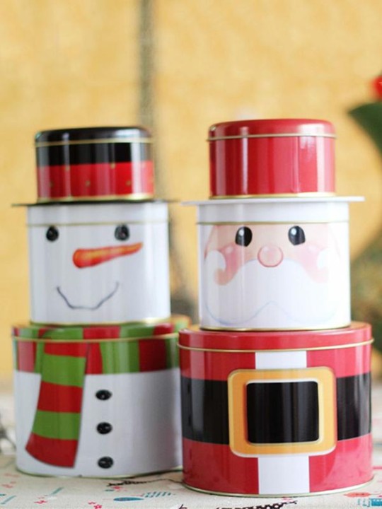 Cute Christmas Santa Claus 3 Layers Iron Cylinder Tin Storage Gift Box Container