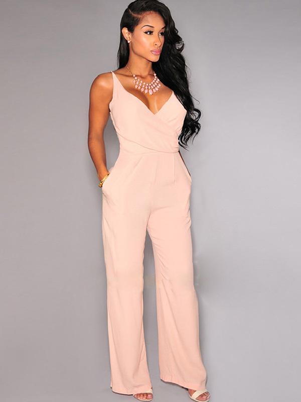 Mujeres Sexy Vintage Profundo cuello en V Sólido Mono Pantalones largos Mamelucos Body