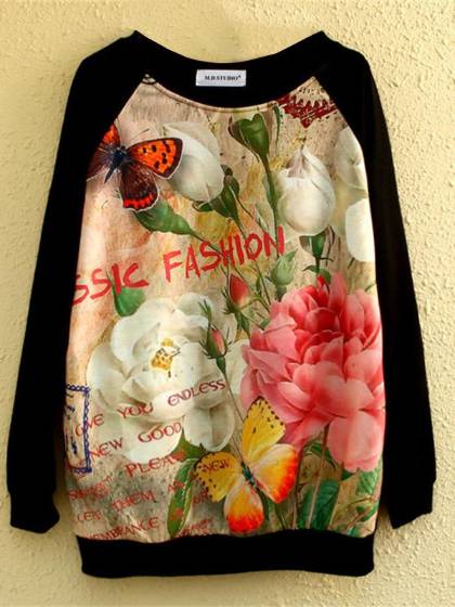 Fashion Women's 3D Butterfly Floral Print Sweatshirt Harajuku Hip-hop Hoodie Casual Round Neck Pullover Top