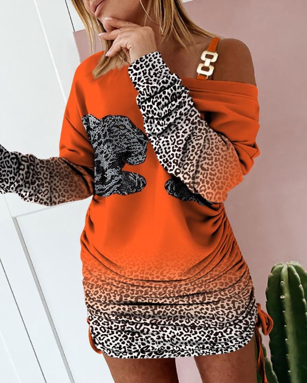 Curve Leopard Print Cold Shoulder Ruched Midi Dress
