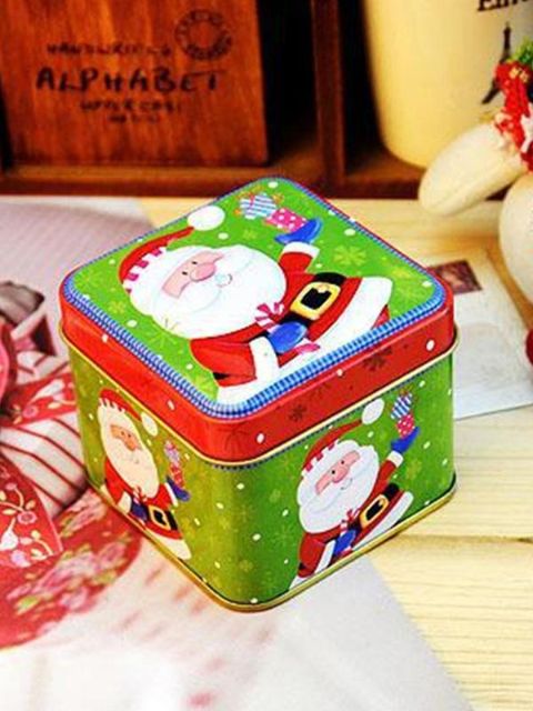 Christmas Tin Box Cartoon Santa Print Mini smykkeetui Desktop Firkantet Candy Cookies Opbevaringsæsker Gaver