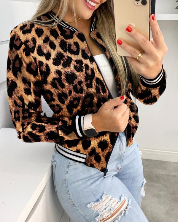 Leopard print lynlås PU læder patch baseballcoat