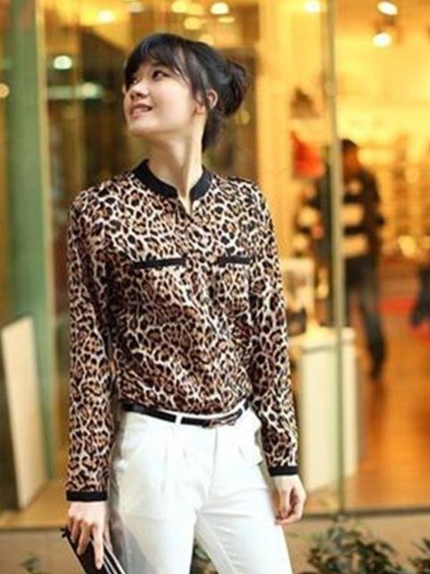 Women's Sexy Slim V-neck Leopard Print Sweat Long Sleeve Chiffon Collar Blouse Plus Size Top T-shirt