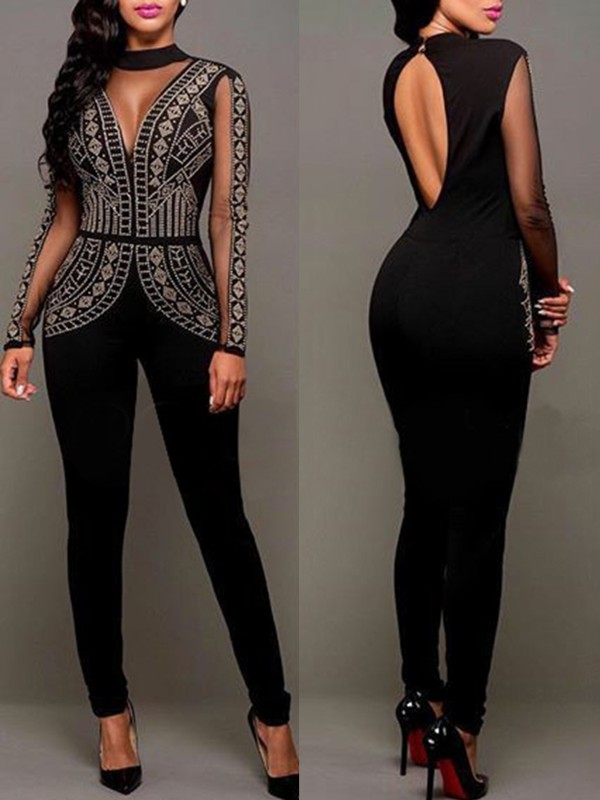 Sexy nightclub women's hot drilling long sleeve tight body Siamese pants