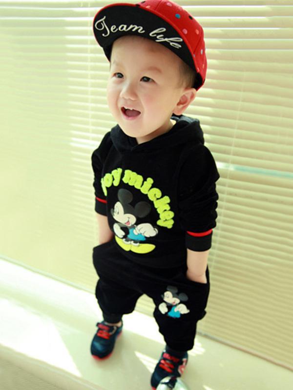 Bebê Primavera Outono Crianças Roupas Set Roupas De Algodão Dos Desenhos Animados Meninos Micky Mouse Crianças Manga Longa Com Capuz Calças Pullover Terno