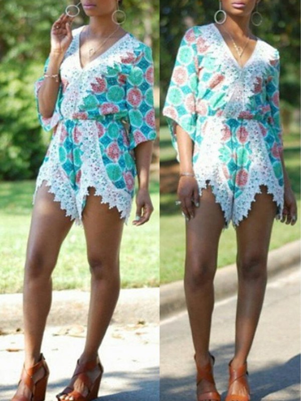 Mode Ét stykke Jumpsuits Blonder Sexet Dyb V-hals Halv ærmet Romper Bodysuit Kort buks