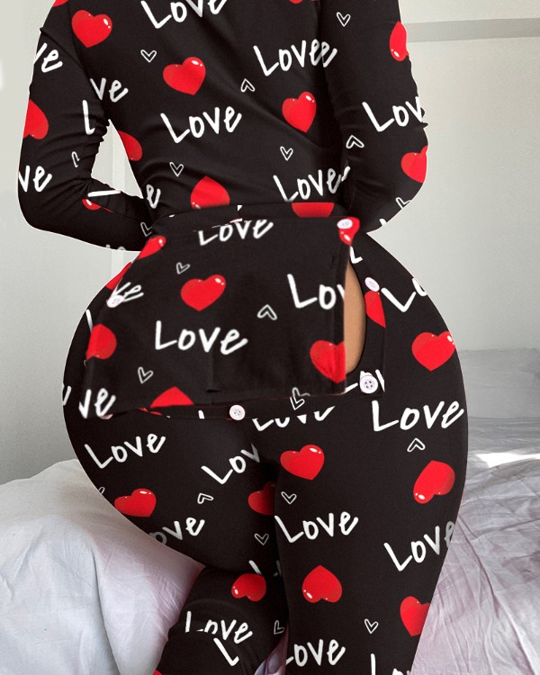 Heart Letter Print Functional Buttoned Flap Sleep Onesie