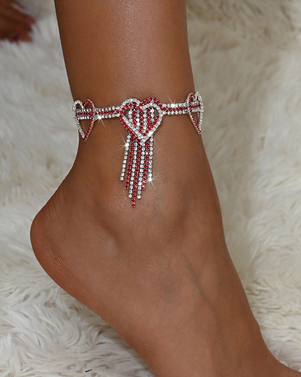 Rhinestone Heart Tassel Anklet Glitter Crystal Fringe Ankle Bracelet