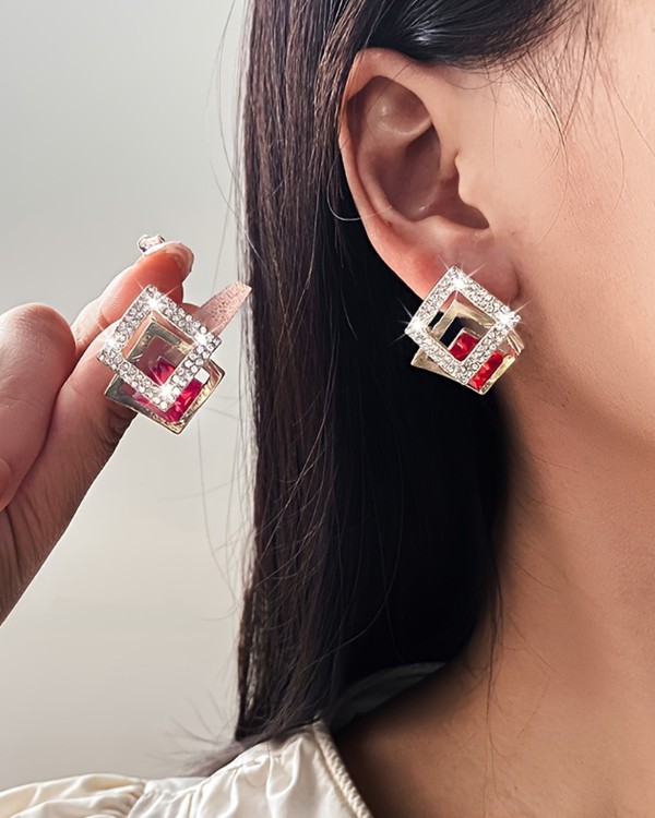 Glitter Rhinestone Square Earrings Vintage Red Stud Earrings Jewelry for Women