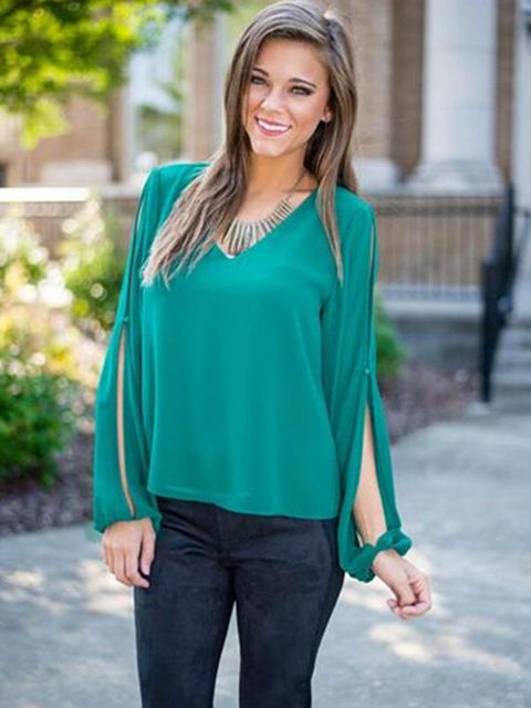 Women's Sexy V Neck Chiffon Tops Blouse Long Sleeve Plus Size Loose Casual Tops Pullovers