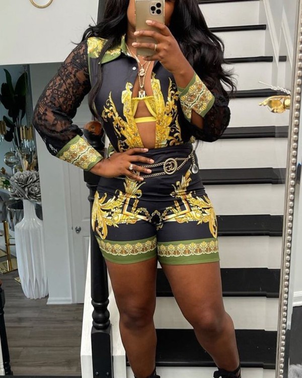 Trefilprent andstæða blúndur hnappur upp toppur og stuttbuxur sett