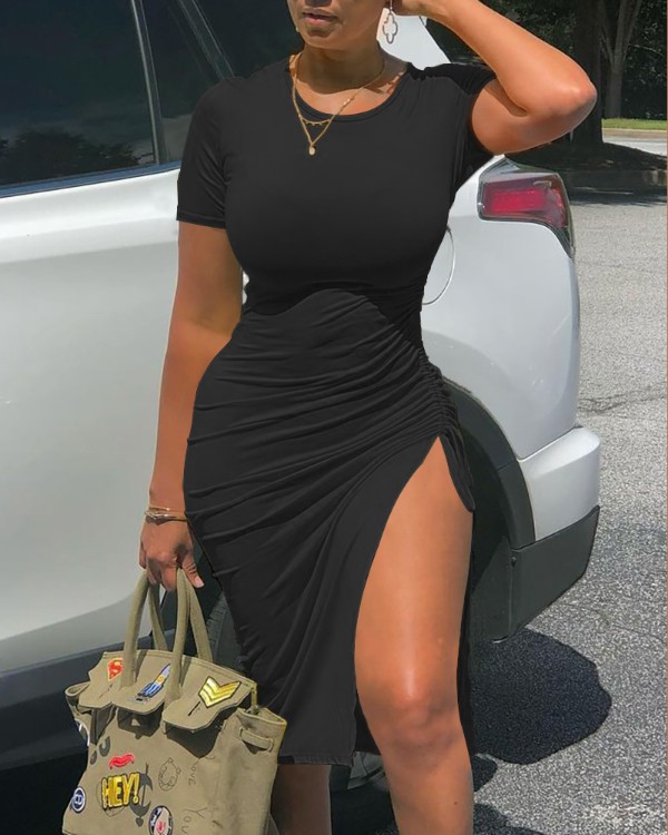 Kortærmet kjole med lynlås og snøre