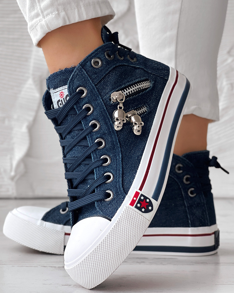 Skull Pattern Zipper Design Lace-up Denim Casual Sneakers