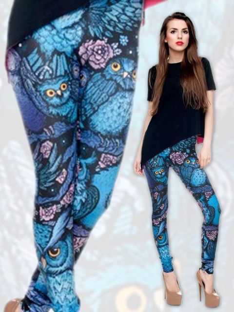 Moda Feminina Digital Coruja Impressão Sexy Alta Elastic Slim Azul Leggings