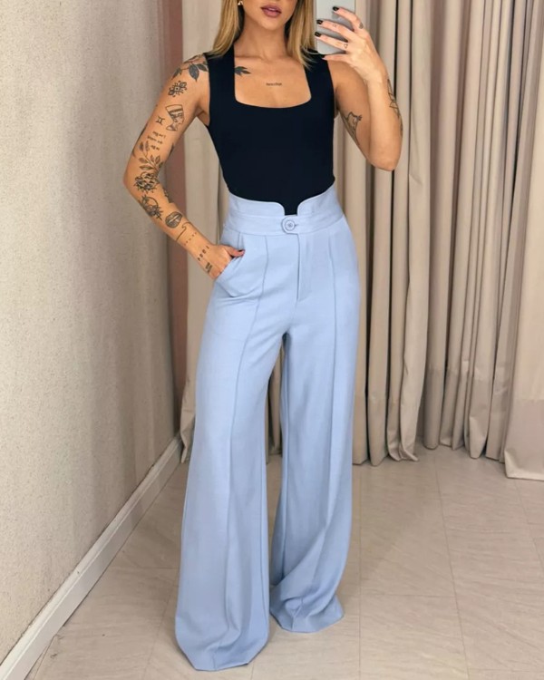 High Waist Single Button Seam Front Straight Leg Pants With Slanted Pockets
