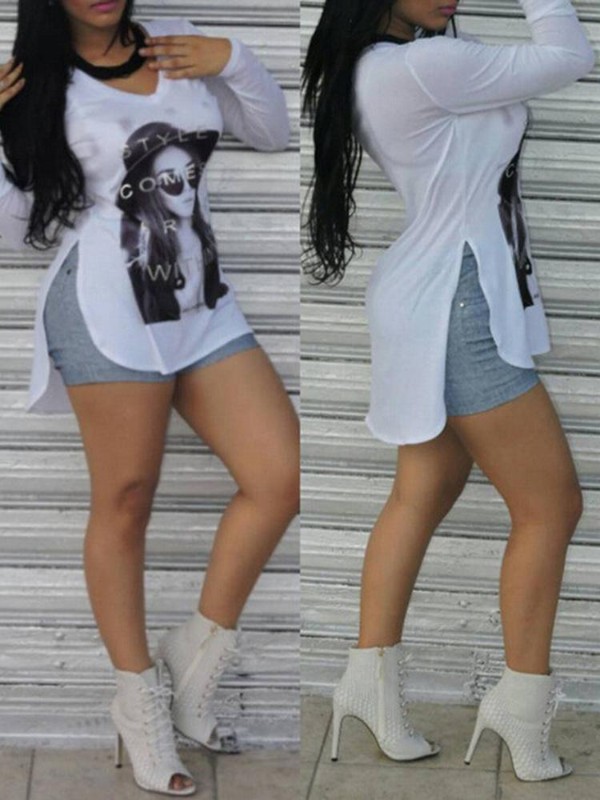 Tíska kvenna Stafræn prentun V-háls stuttermabolur Round Hem Loose Shirt Top Blússa