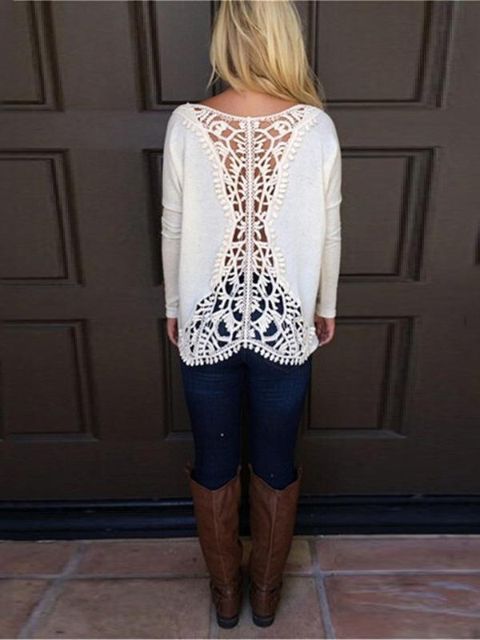 Queda de Moda das Mulheres de Manga Longa Cor Sólida Casual Tops Voltar Lace Costura Oco Out Solto T-shirt