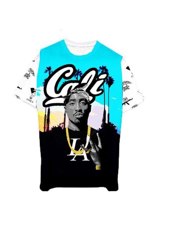 Women's Men's Unisex Tops Singer Printed Pattern Round Neck Casual T Shirt (Blue)