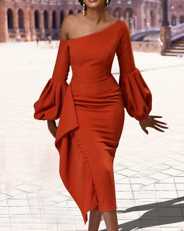 One Shoulder Lantern Sleeve Ruffles Midi Dress