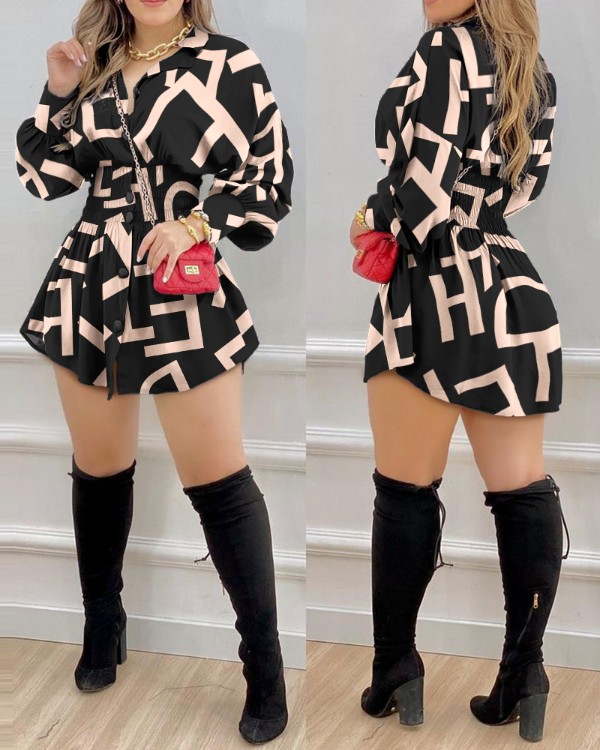 Letter Print Shirred Lantern Sleeve Buttoned Shirt Dress