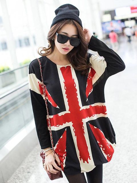 Hot Sale Plus Size Batwing Sleeve UK National Flag Pattern Tops Pullovers Damtröjor
