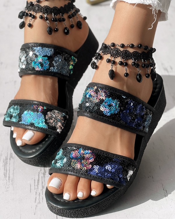 Floral Pattern Contrast Sequin Wedge Sandals