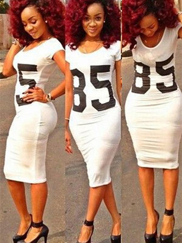 Naisten valkoiset seksikkäät lyhythihaiset kirjeet painettu bodycon-mekko midimekko-klubivaatteet