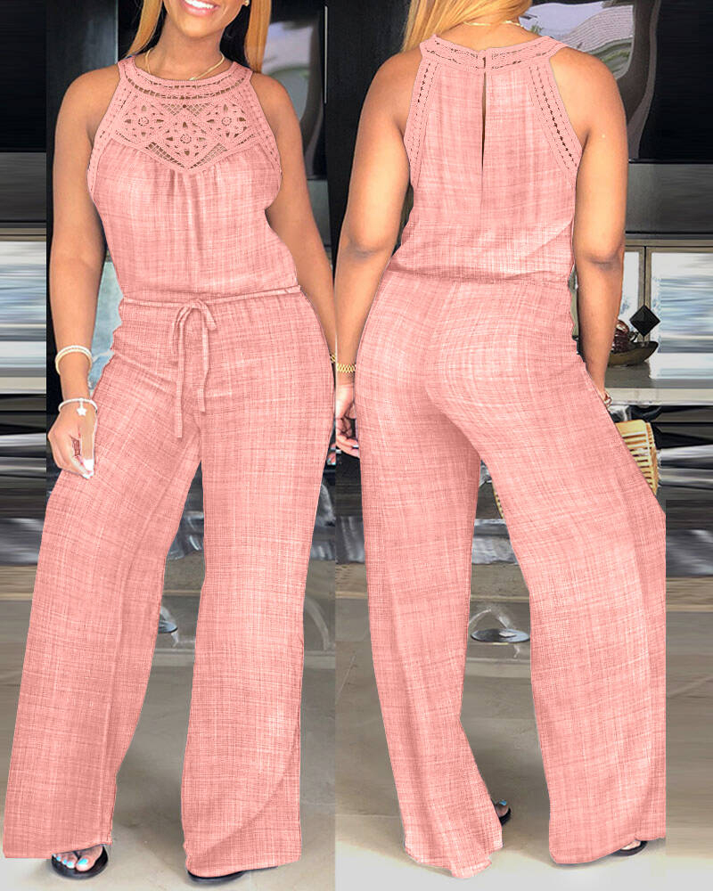 Halter Hollow-out Lace Patchwork Overalls Casual Drawstring Wide Leg Jumpsuit
