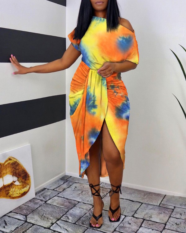 Tie Dye Print Ruched Slit Casual Dress