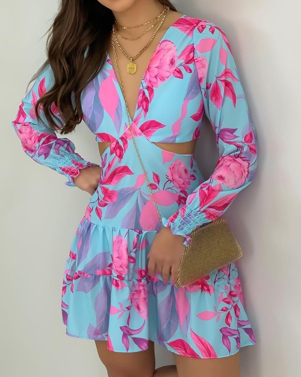 Cutout Frill Hem Ruched tropisk print kjole