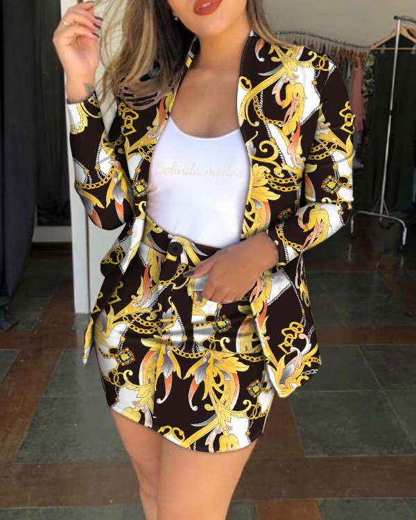 All Over Print Open Front Flap Detail Blazer & Mini Skirt Set