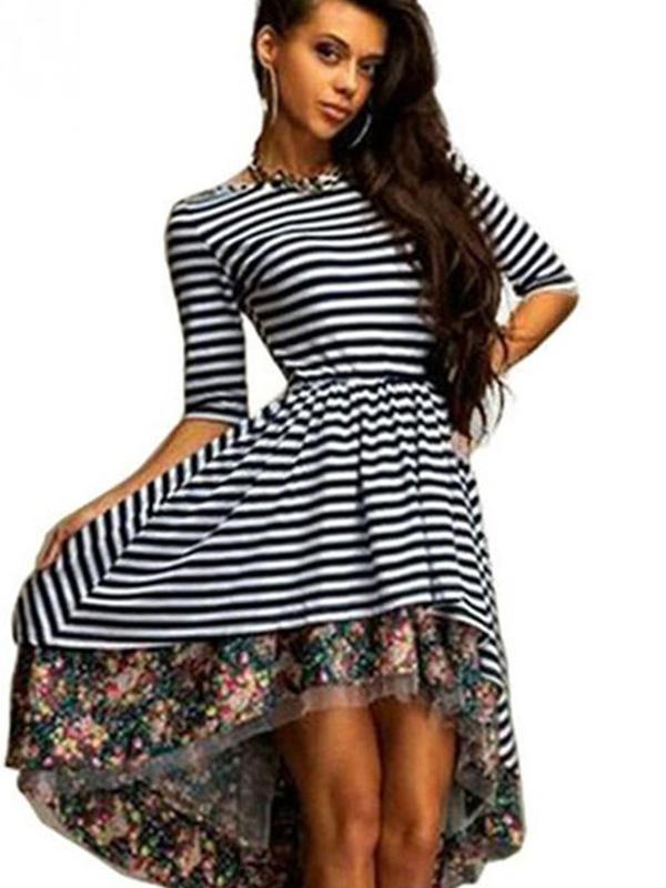 Naisten boheemityylinen raidallinen kuvio pitkähihainen mekko rento juhlamekko