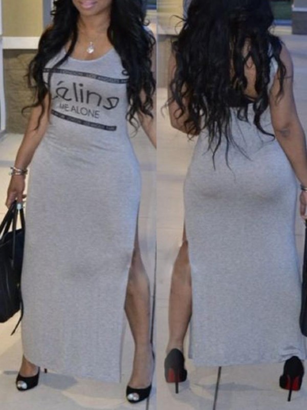 Sexy Letter Print Round Neck Split Casual Gray Dress