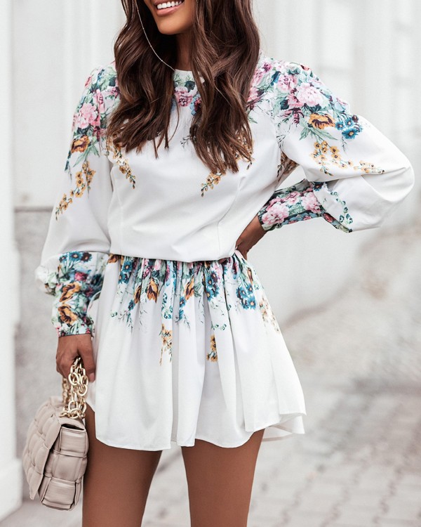 Floral Print Lantern Sleeve Ruched Casual Dress