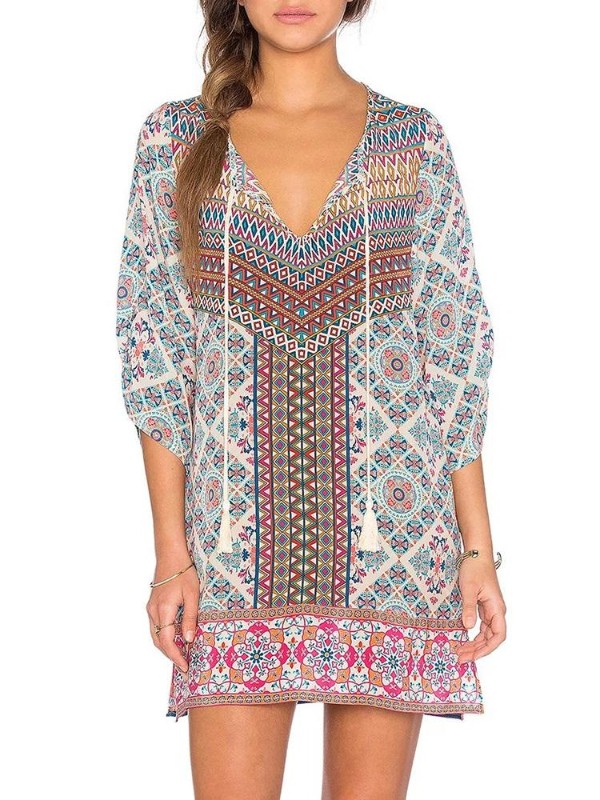 Women's Vintage Paisley Printing Dress Half Sleeve Sexy Mini Dress Casual Dresses