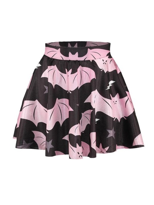 Vestido de Festa de Halloween das Mulheres Morcego Pink Print Digital de Cintura Alta Flared Skater Mini Saias