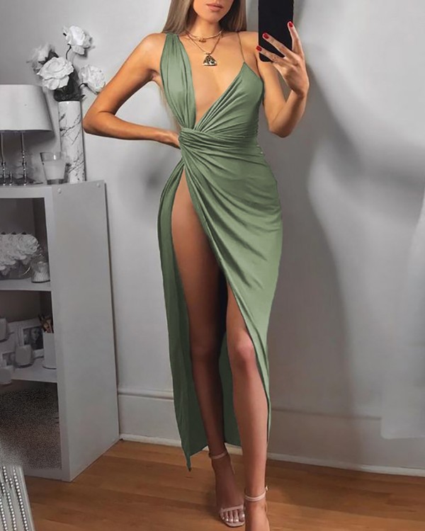Asymmetrical Neck High Slit Ruched Party Dress