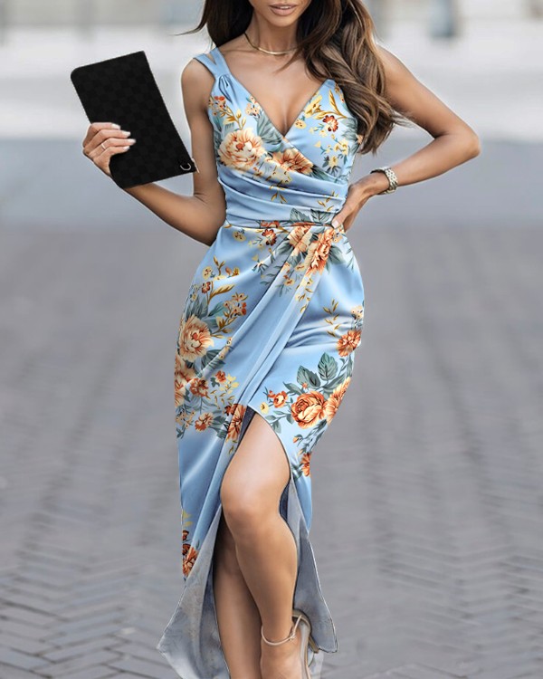 Blómprentað ruched háklístrað satínhúðuð veislukjóll