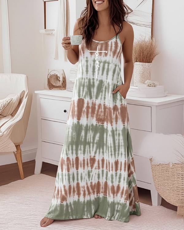 Faith Letter & Tie Dye Print U-ringad maxiklänning med justerbara spaghettiband, avslappnad rygglös lös passform och smala axelband