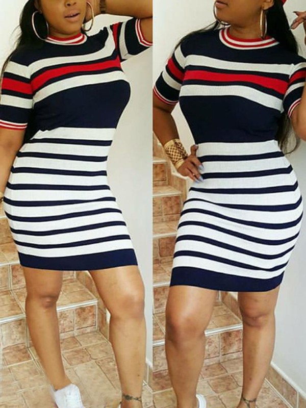 Seksikäs kesä naisten syvä kaula lyhythihainen mekko paketti hip raidallinen hame bodycon mekko