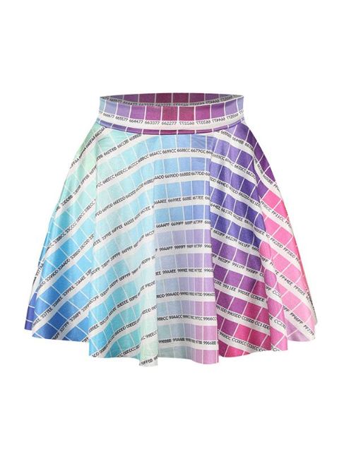 Women's Fashion Blockade Digital Print High Waist Dresses Flared Skater Mini Skirts