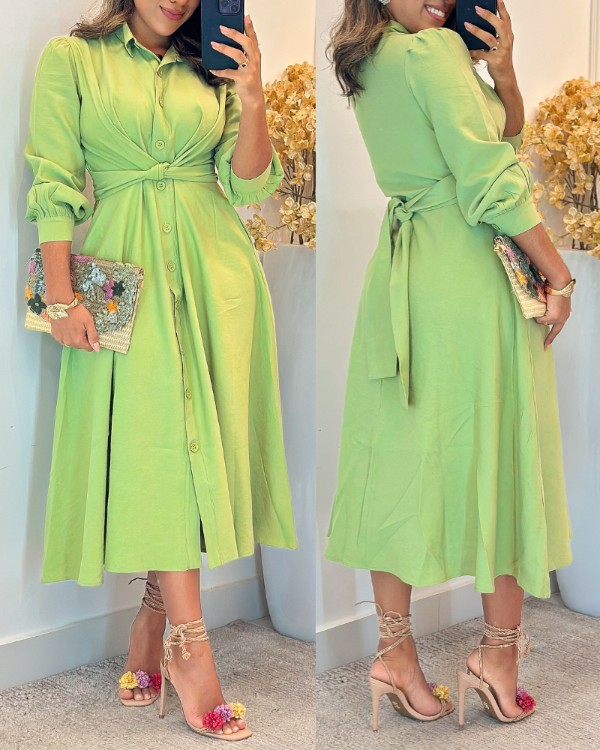Turn-down Collar Puff Sleeve Tied Detail Shirt Dress Casual Loose A Line Dress