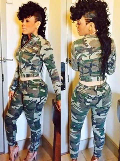 Damemode Camouflage Slim Casual Jean To-dele langærmet lynlås top + lange bukser sæt